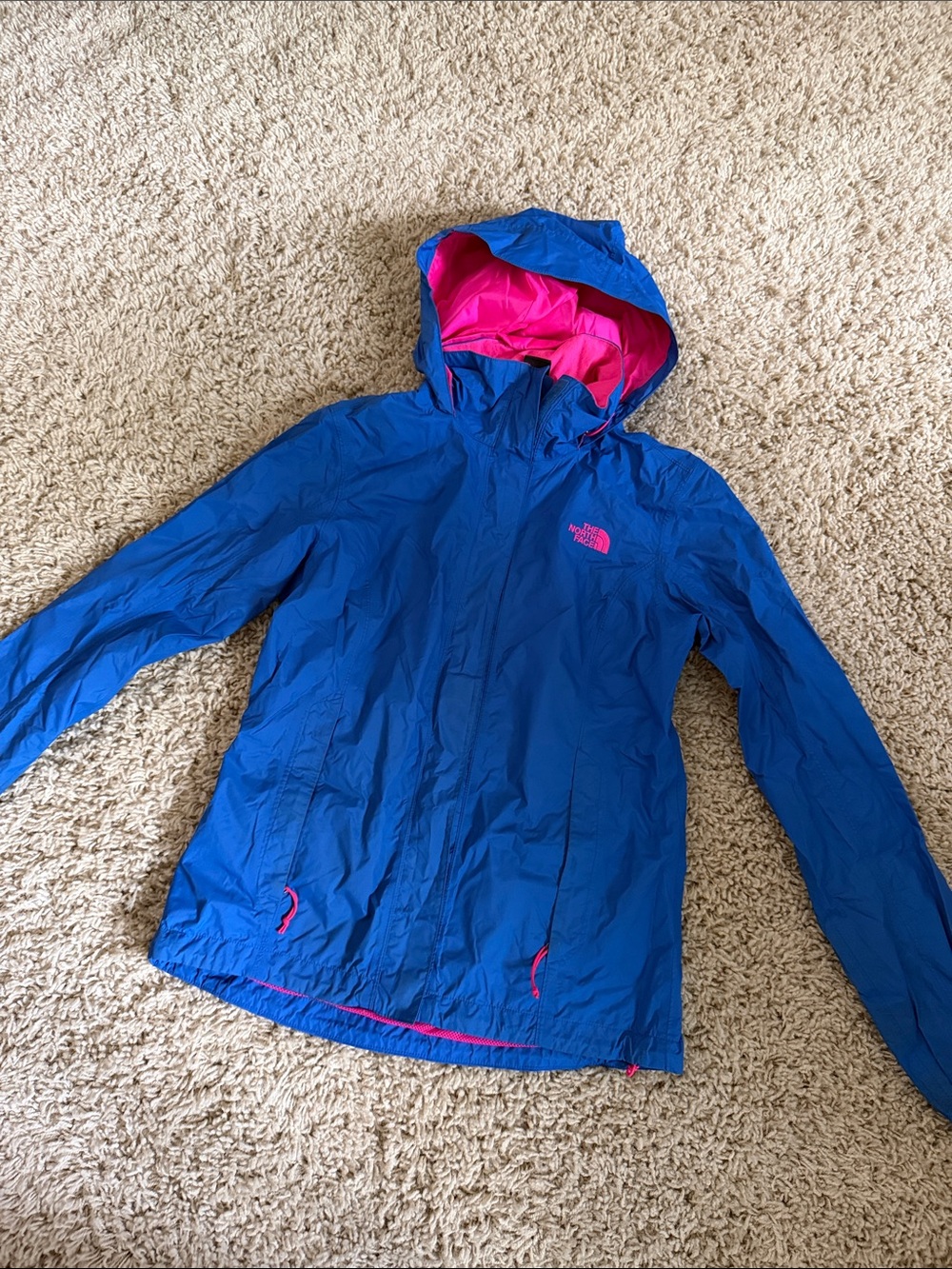 The North Face Rainjacket Blue Hooded Shell with Pink Accents (Only worn once)